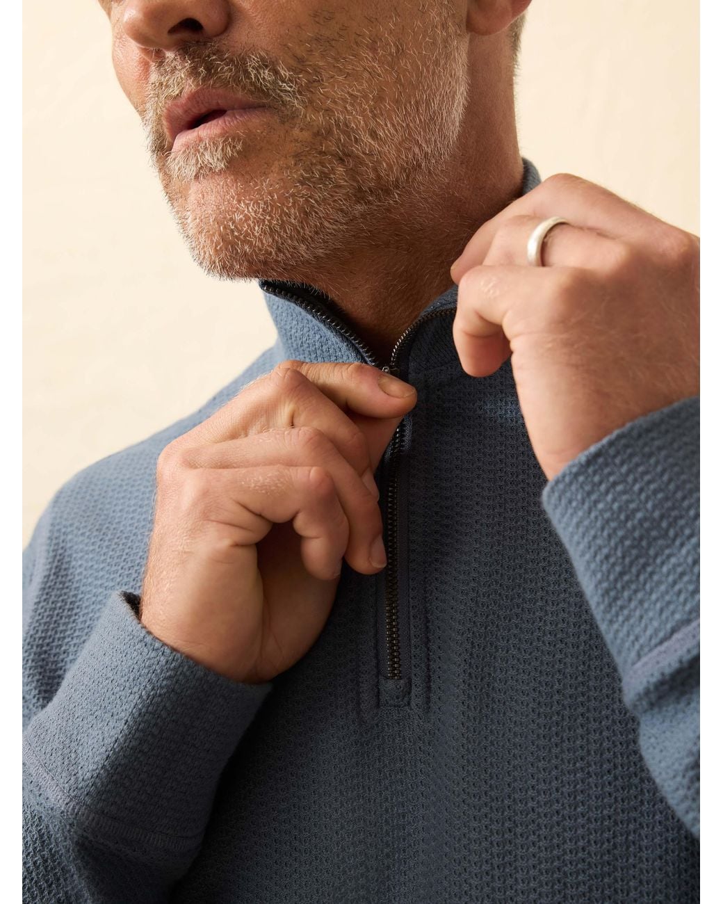 Faherty Brand Blue Textured Knit Quarter Zip for men
