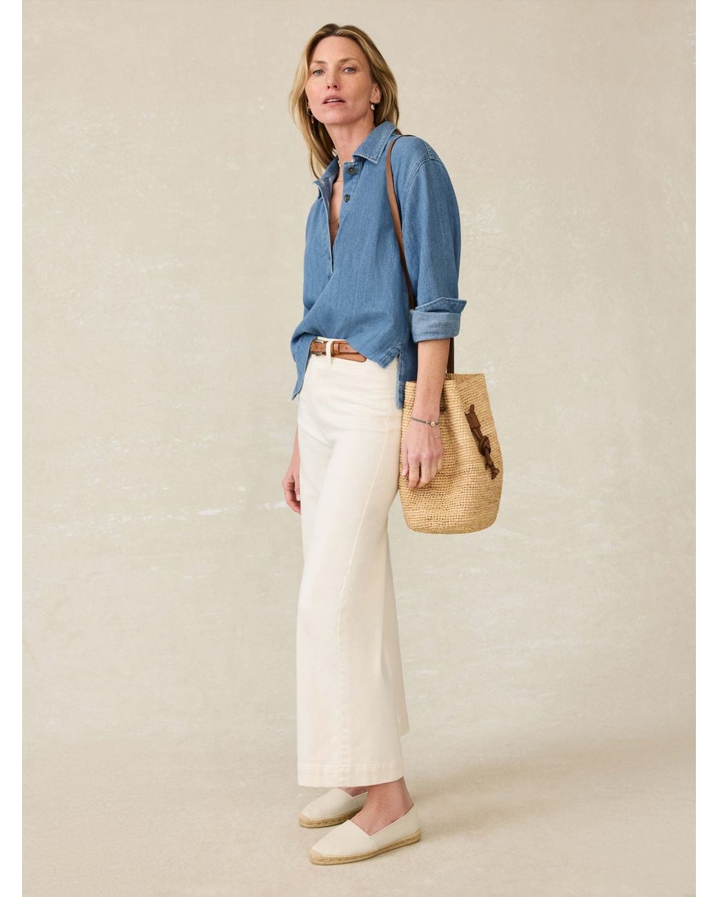 Faherty Brand Blue Raffia Drawstring Bucket Bag