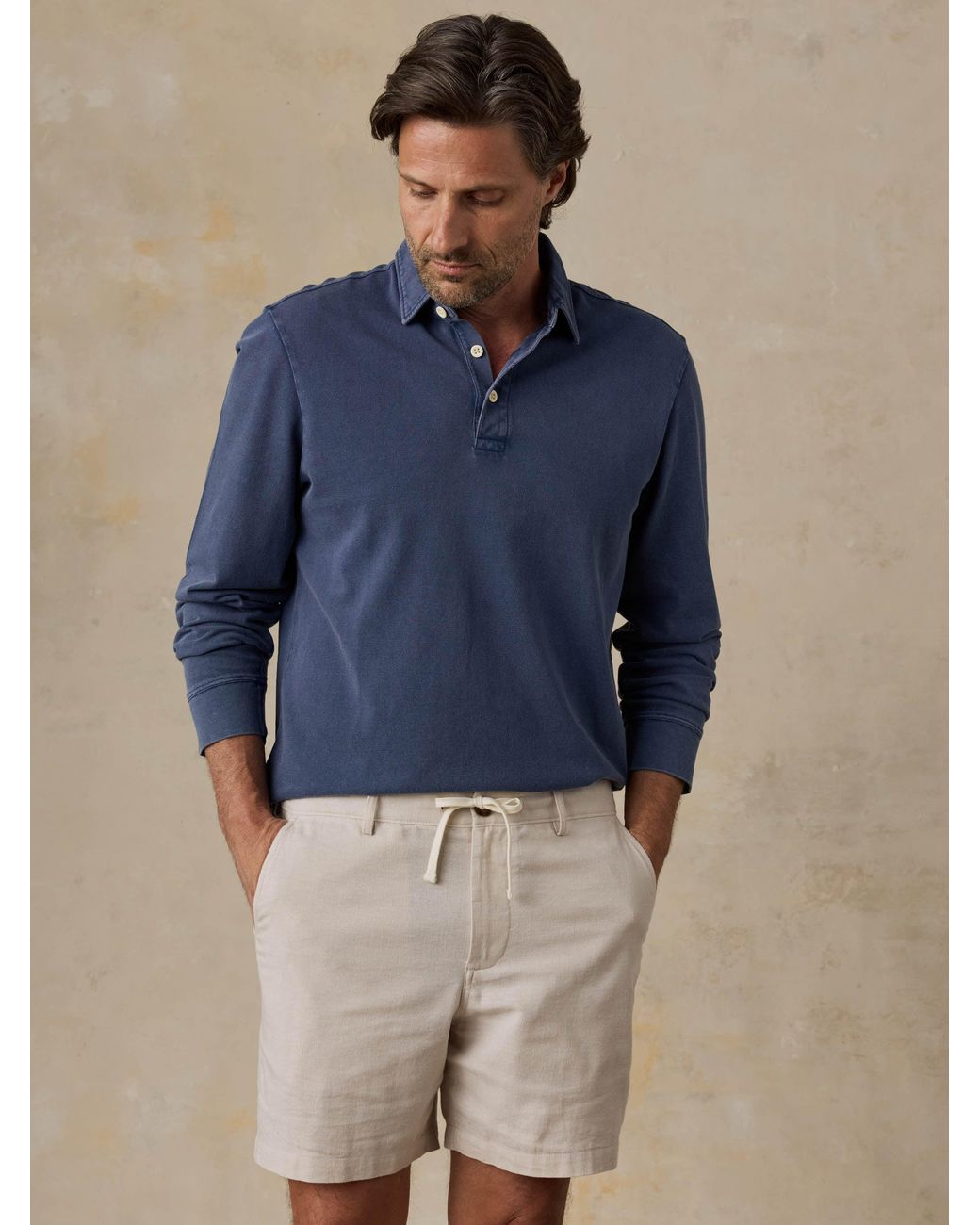 Faherty Brand Blue Long-Sleeve Sunwashed Pique Polo Shirt for men