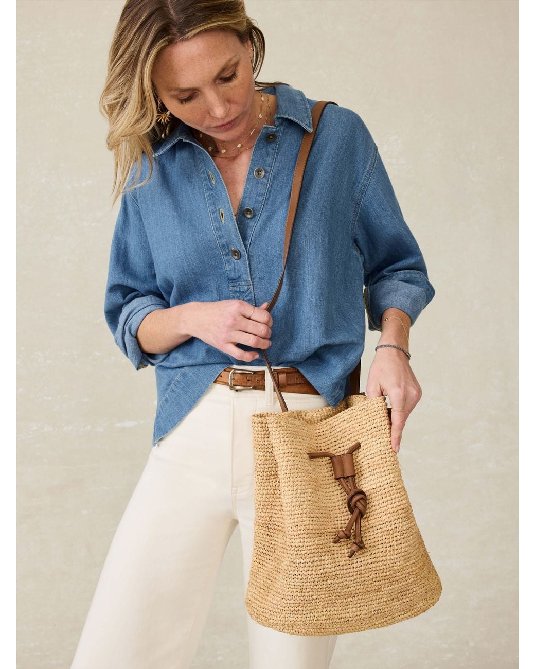 Faherty Brand Blue Raffia Drawstring Bucket Bag