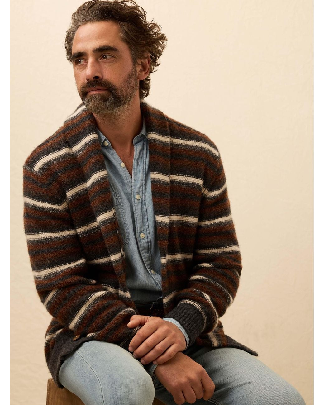 Faherty Brand Natural Striped Cardigan Sweater for men