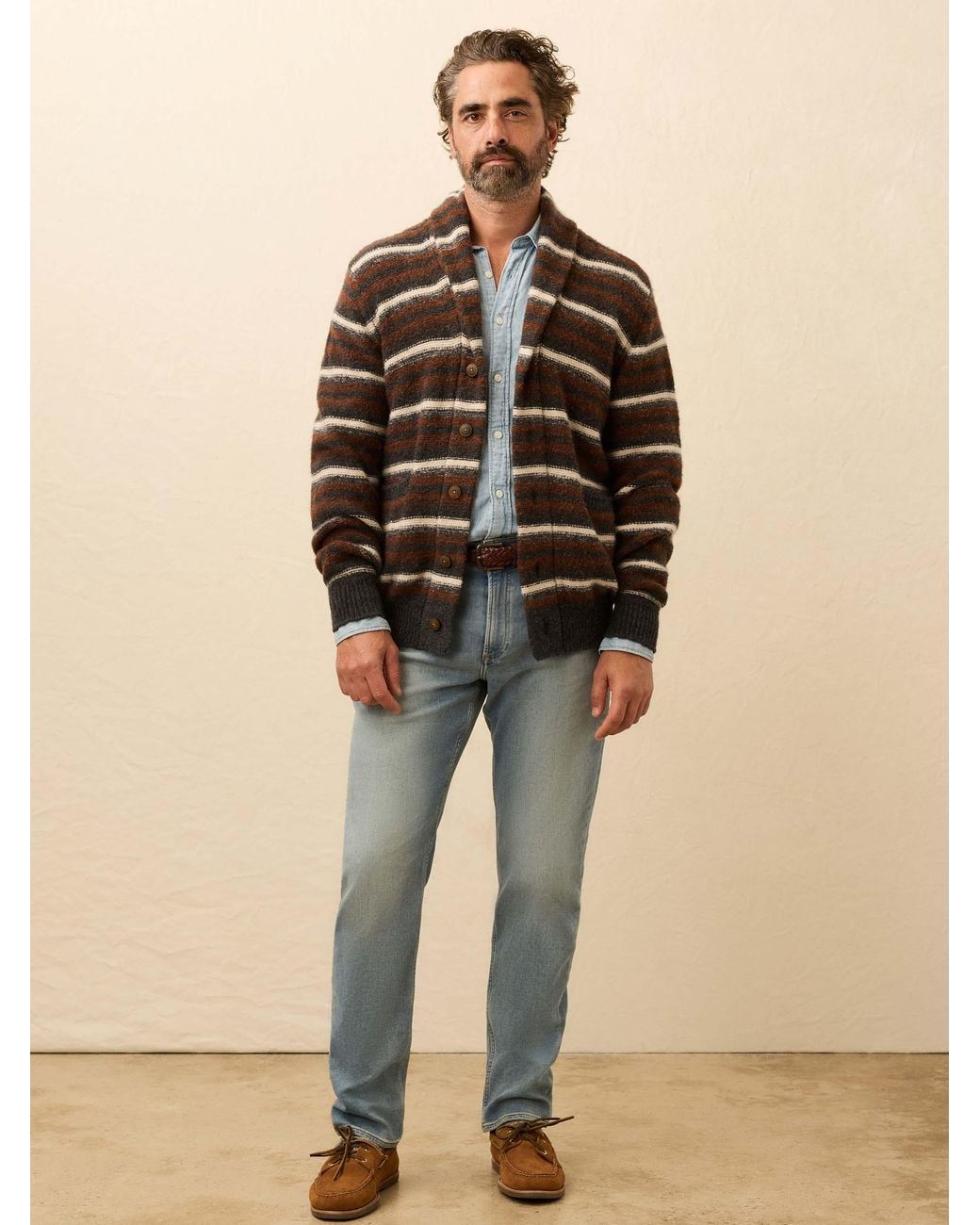 Faherty Brand Natural Striped Cardigan Sweater for men