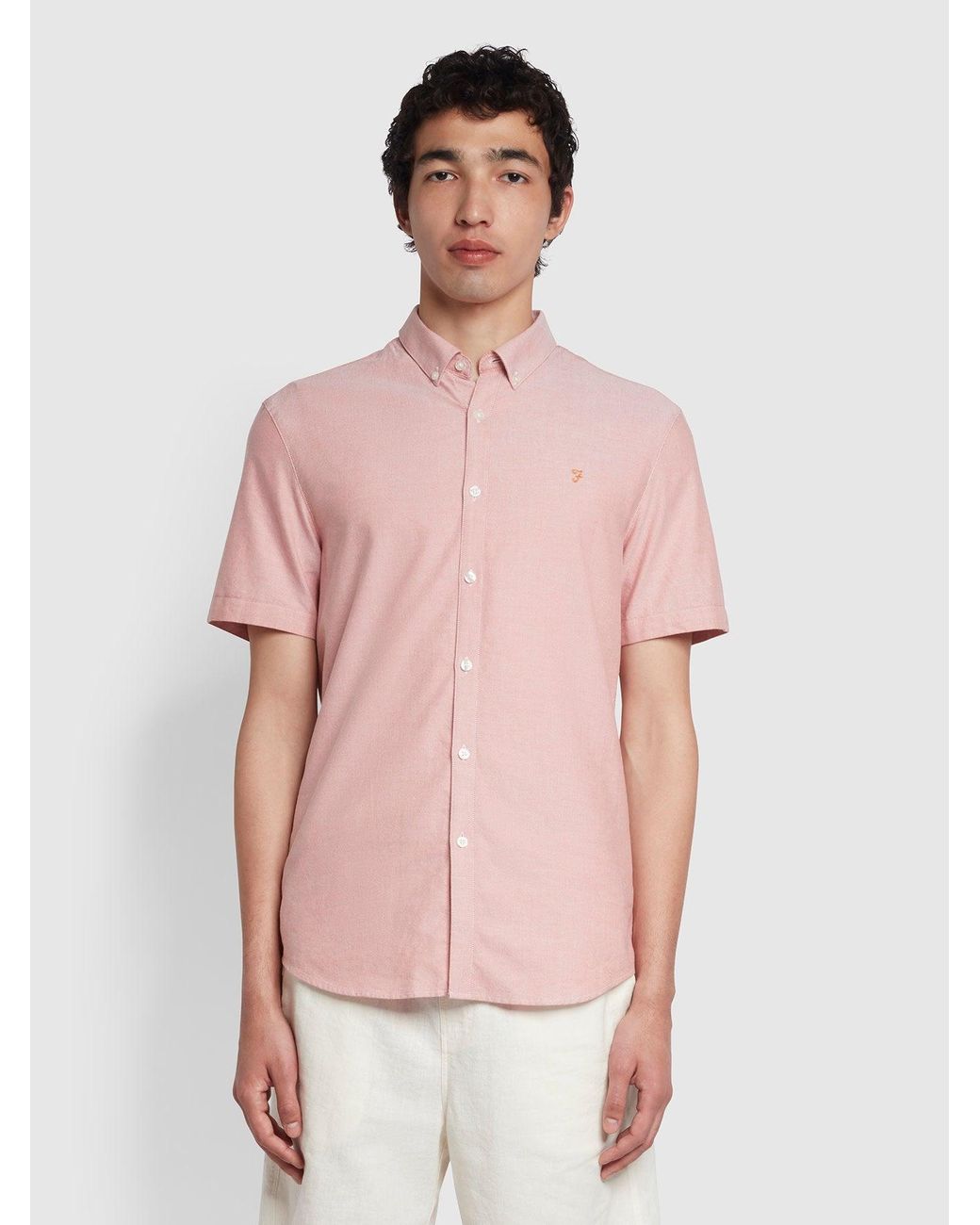 Farah Pink Brewer Slim Fit Short Sleeve Organic Cotton Oxford Shirt for men