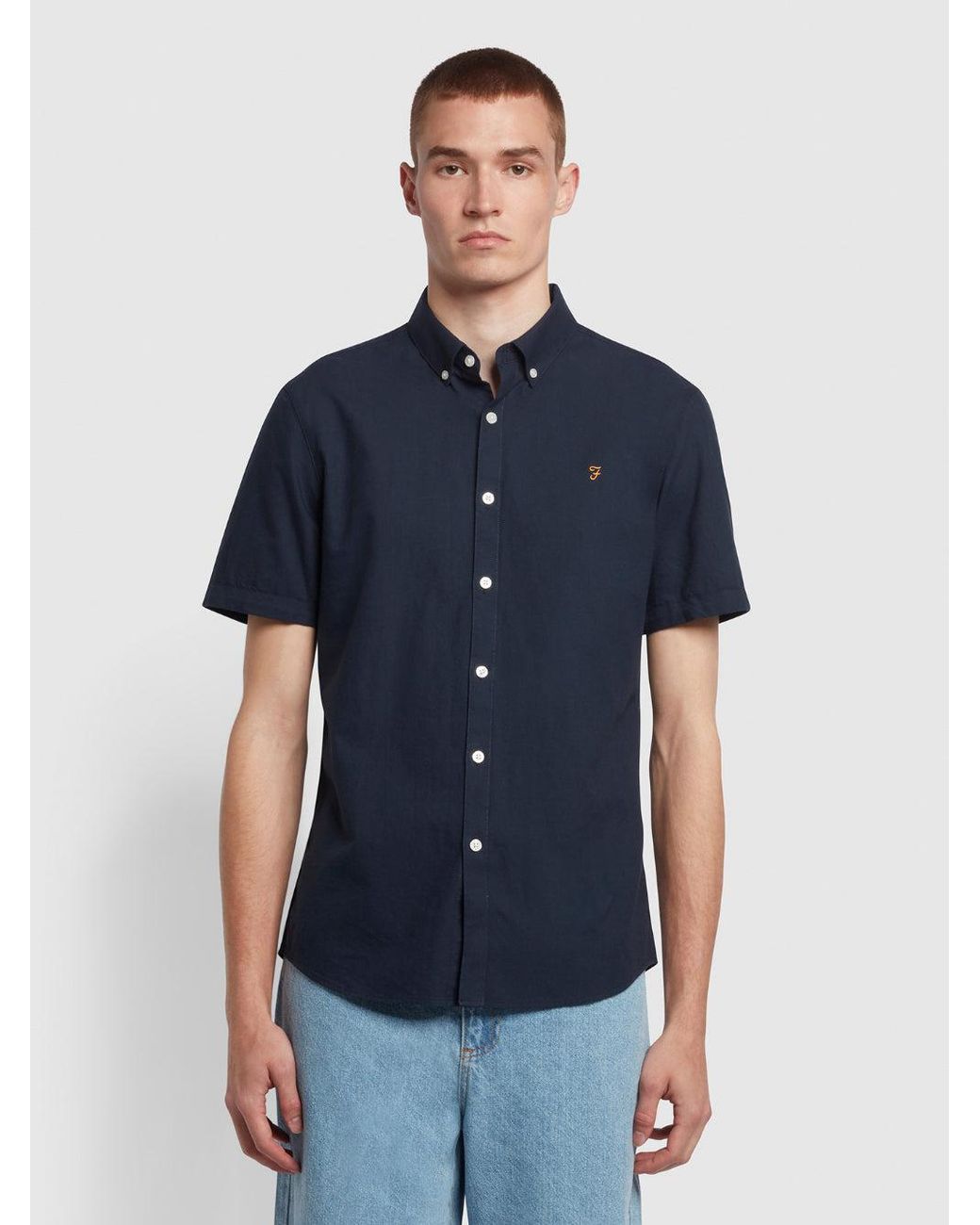 Farah Blue Brewer Slim Fit Short Sleeve Organic Cotton Oxford Shirt for men