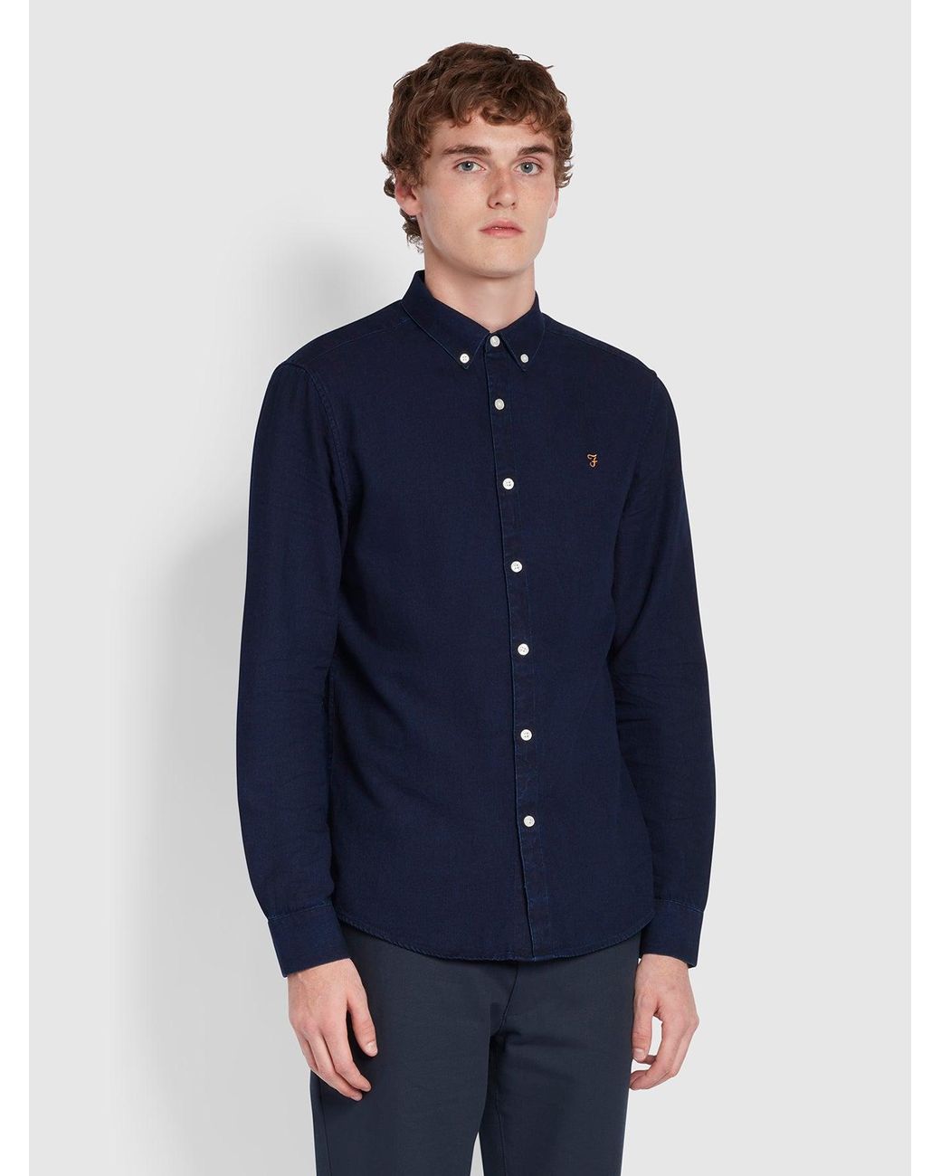 Farah Blue Brewer Slim Fit Organic Cotton Oxford Shirt for men