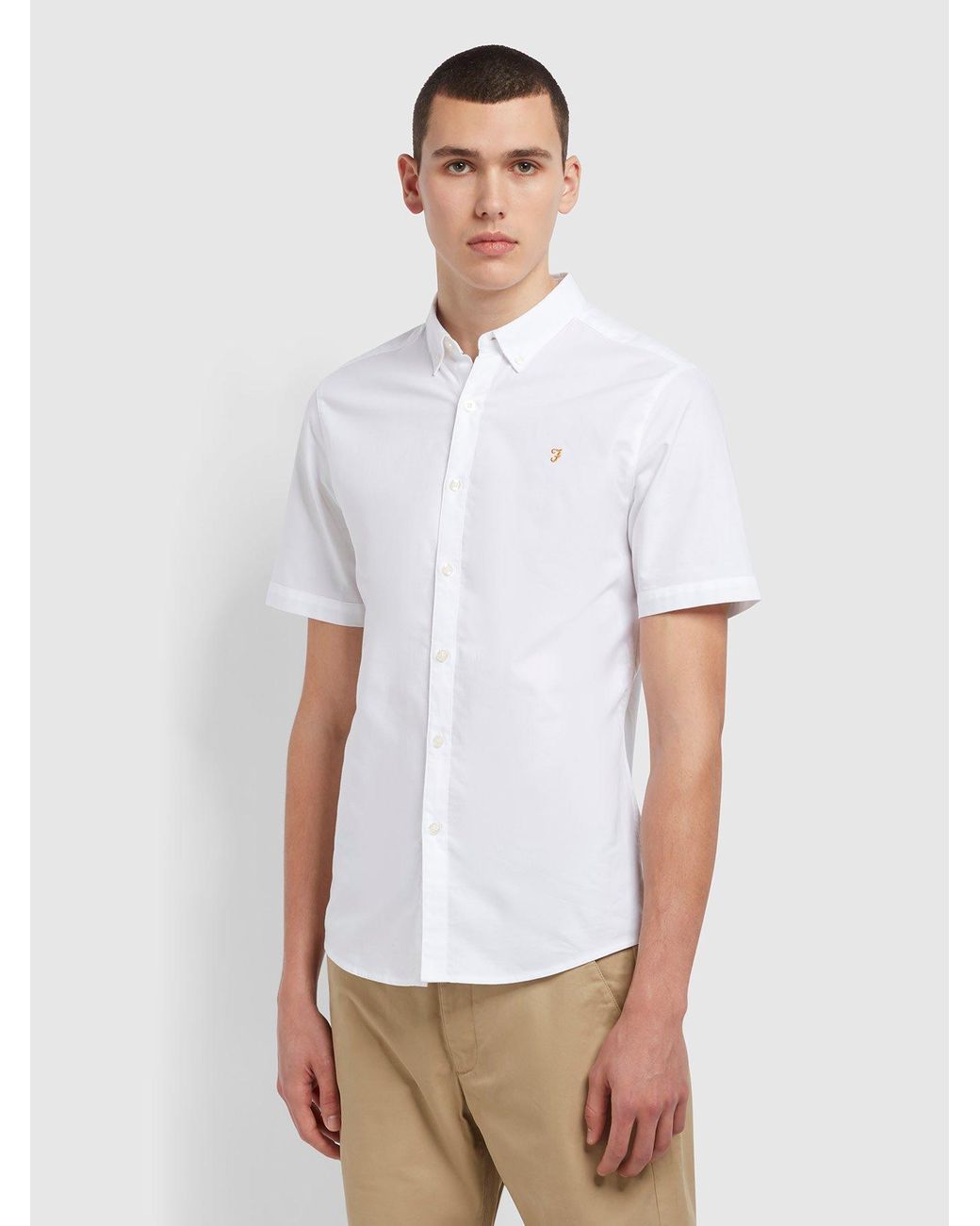 Farah White Brewer Slim Fit Short Sleeve Organic Cotton Oxford Shirt for men