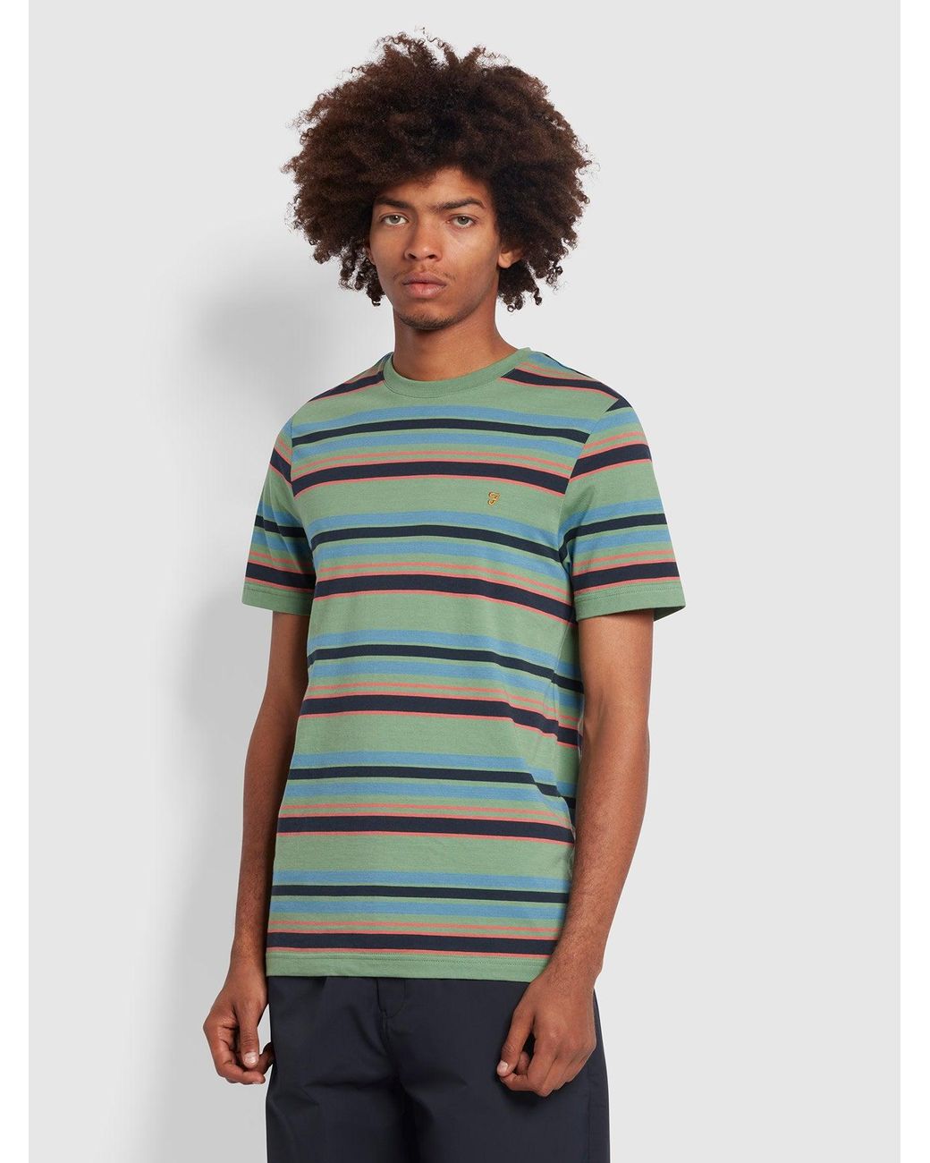 Farah Green Nash Regular Fit Striped Organic Cotton T-Shirt for men