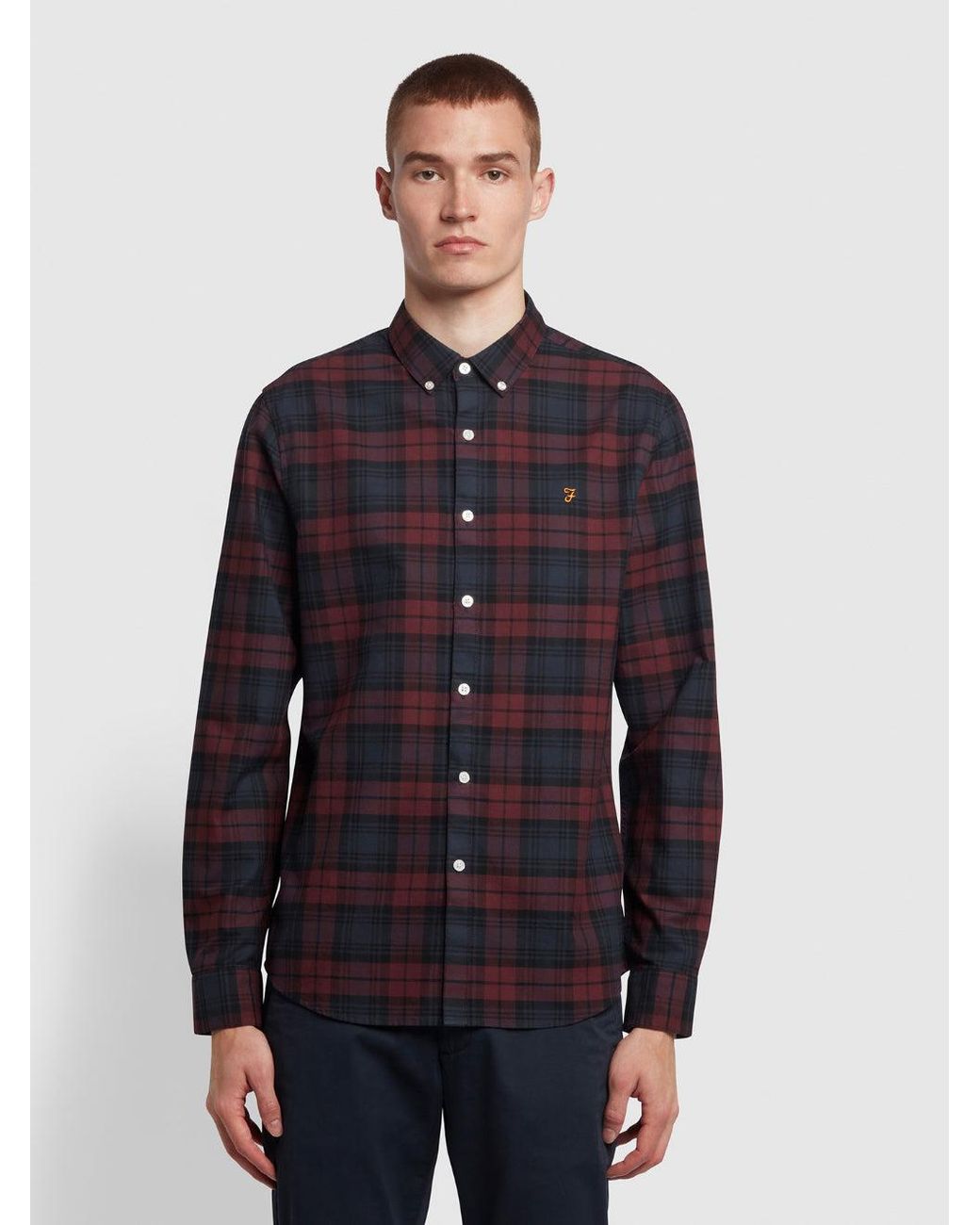 Farah Red Brewer Slim Fit Check Organic Cotton Oxford Shirt for men