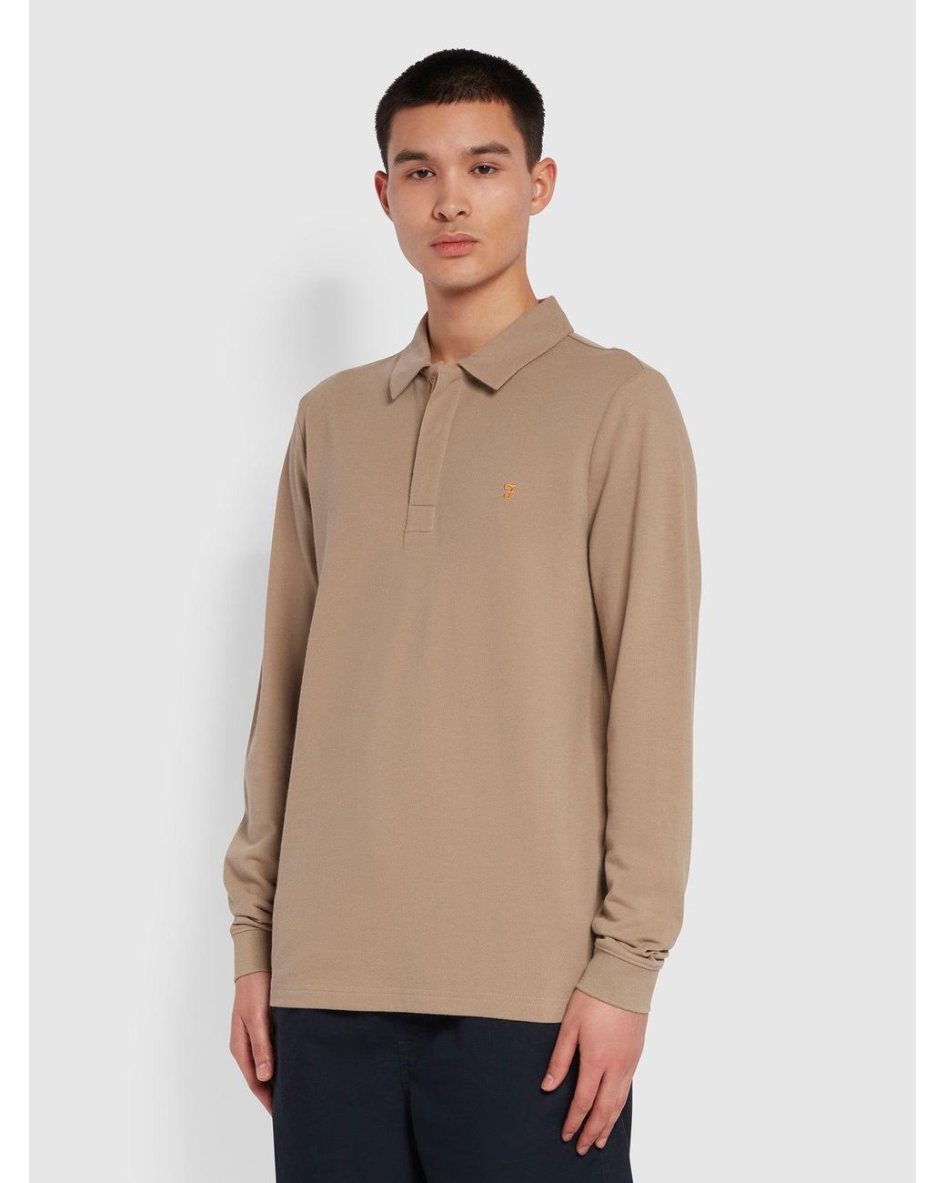 Farah Natural Haslam Slim Fit Long Sleeve Organic Cotton Polo Shirt for men