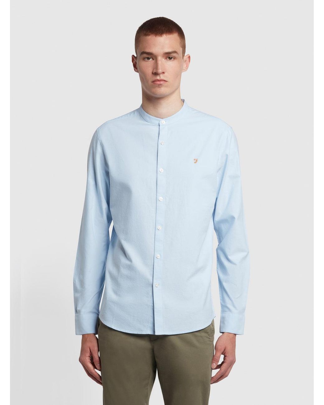 Farah Blue Brewer Slim Fit Grandad Organic Cotton Oxford Shirt for men