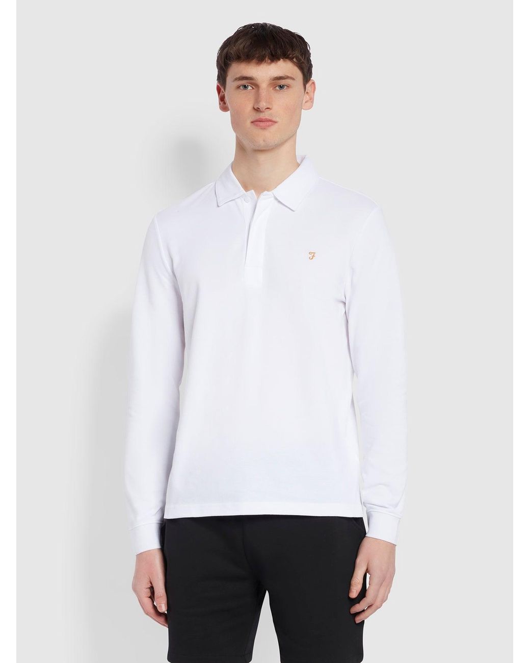 Farah White Haslam Slim Fit Long Sleeve Organic Cotton Polo Shirt for men