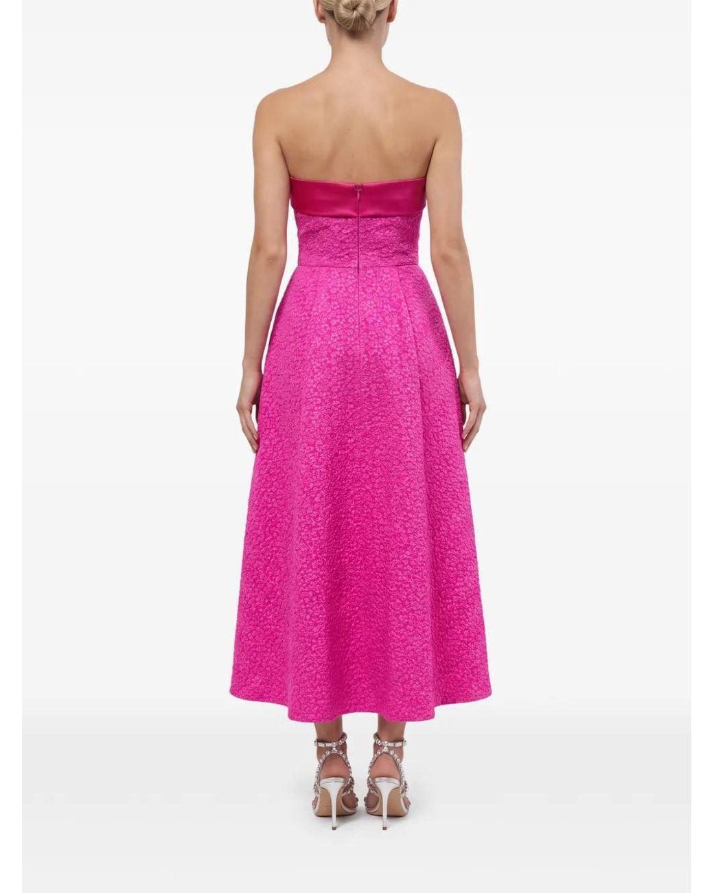 POST MERIDIEM Pink Jacquard Strapless Midi Dress