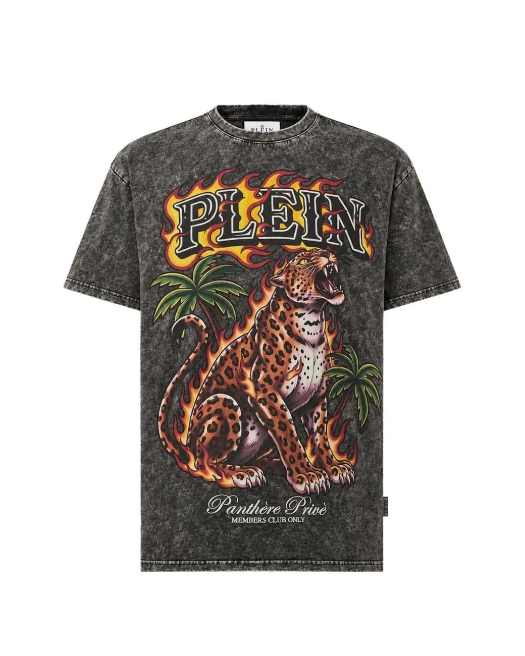 Philipp Plein Black Washed Round-Neck T-Shirt Urban Jungle Leopard for men