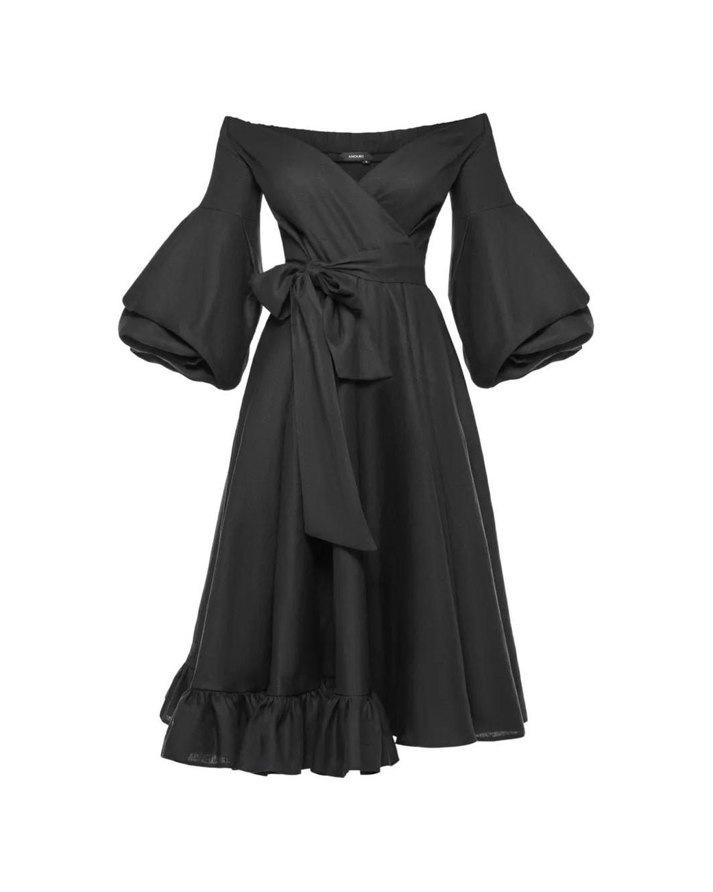 Anouki Black Robe Mi-Longue Volantée À Épaules Dénudées