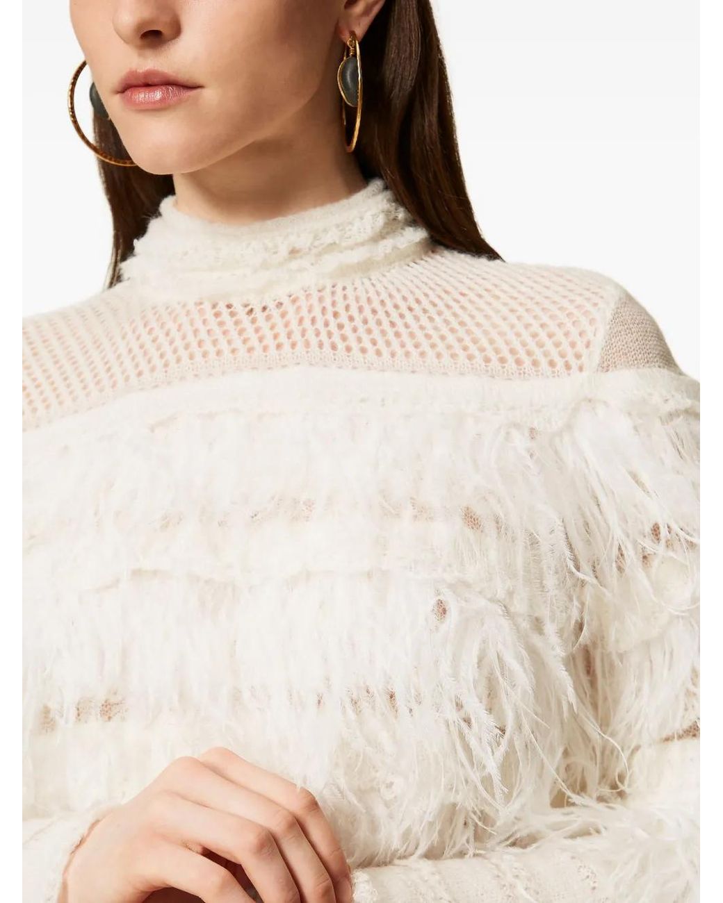 Twinset White Feather-Embellished Ruffled Jumper