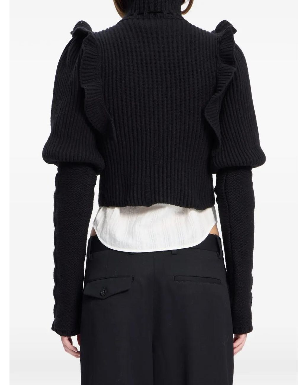 Ann Demeulemeester Black Ruffled-Detail Cable-Knit Sweater