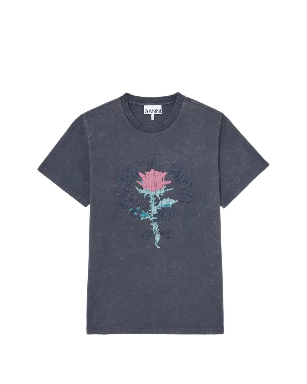 Ganni Blue T-Shirt With Rose
