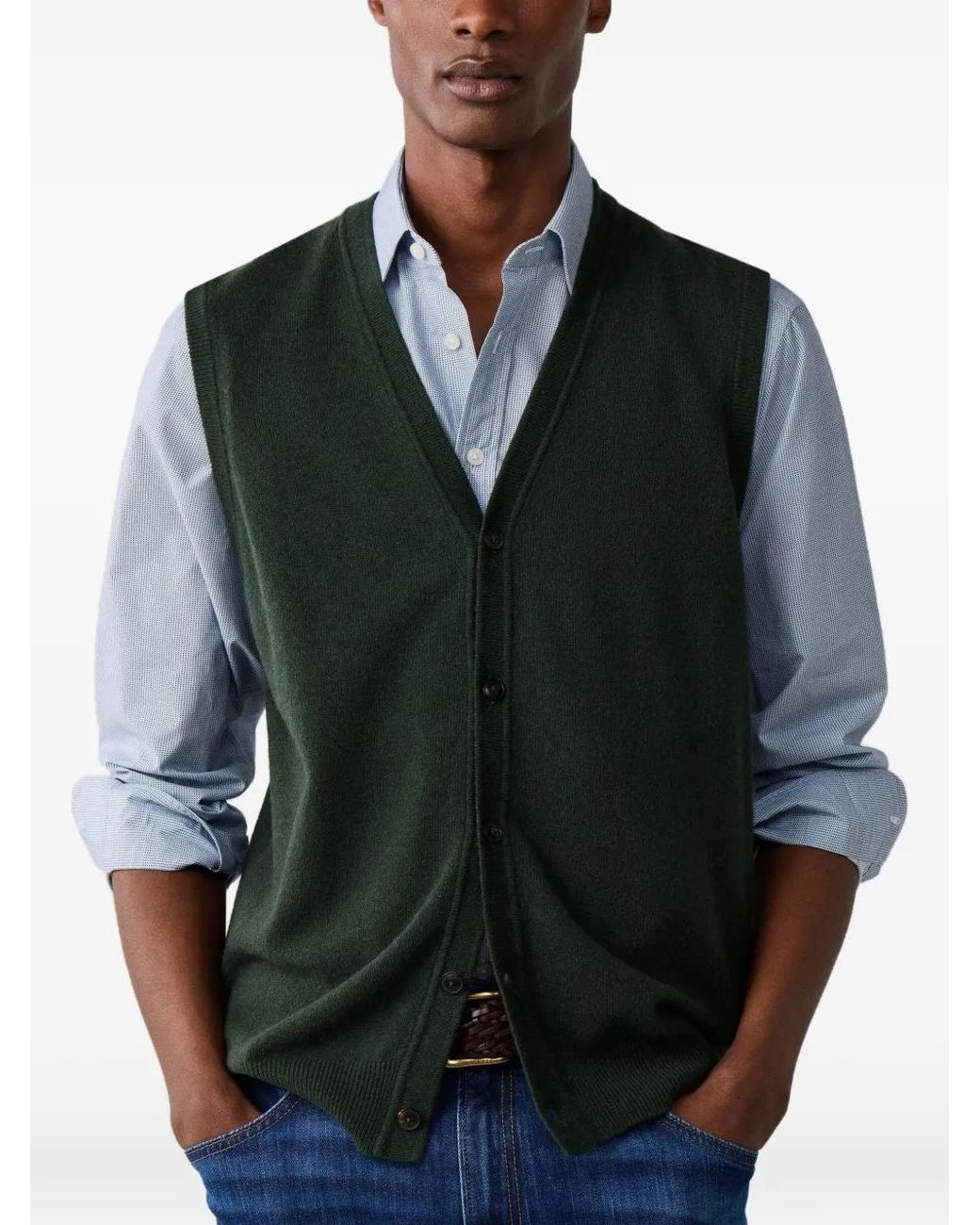 Hackett Green Button-Up Sleeveless Cardigan for men