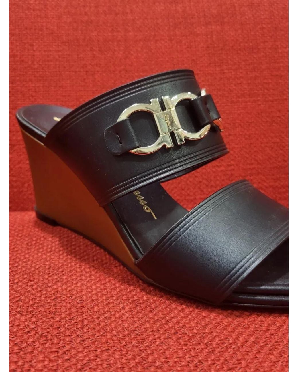 Ferragamo Red Gancini Buckle Wedge Sandals