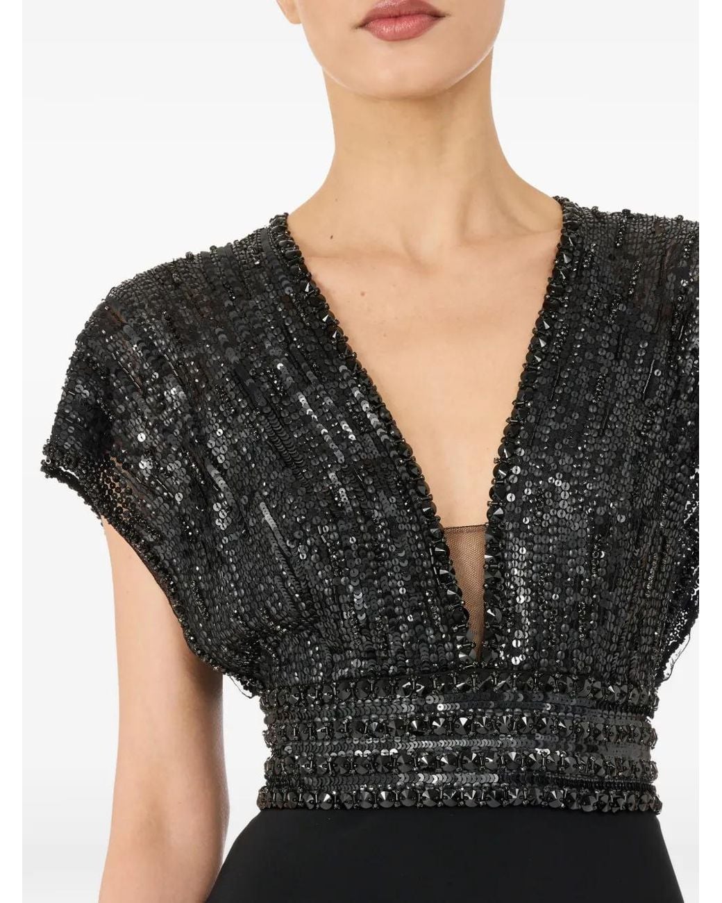 Jenny Packham Black Cary Sequin V-Neck Maxi Dress