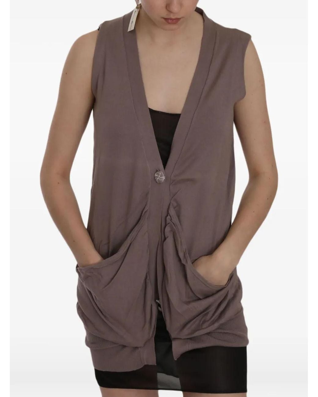 Pink Memories Brown Sleeveless Patch-Pocket Cardigan