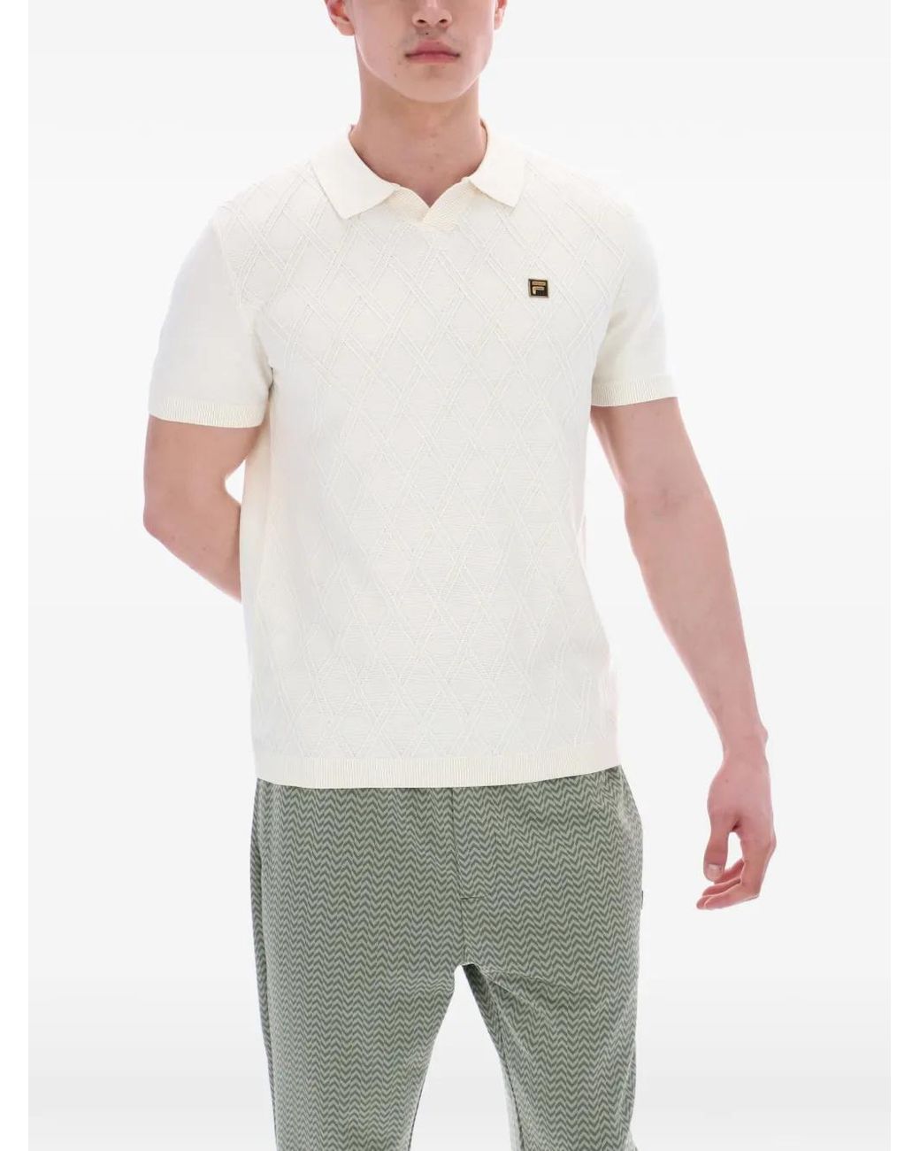Fila White Diamond-Knit Polo-Collar T-Shirt for men
