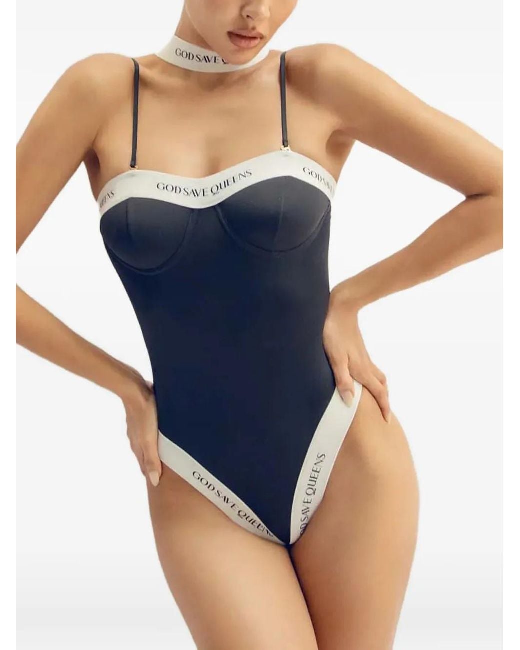 GOD SAVES QUEENS Blue Carrara Logo-Tape Underwired Swimsuit