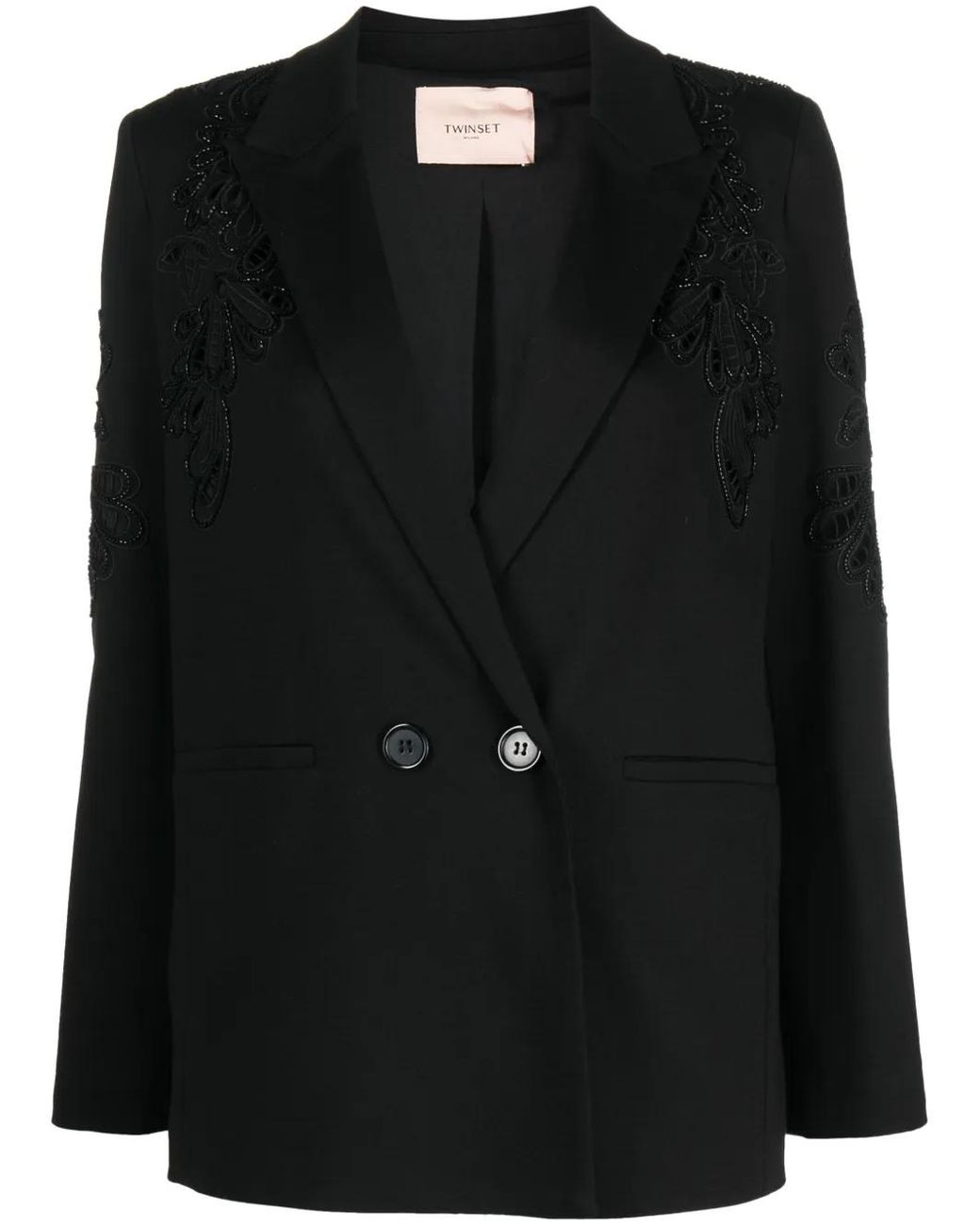 Twinset Black Floral-Embroidered Double-Breasted Blazer