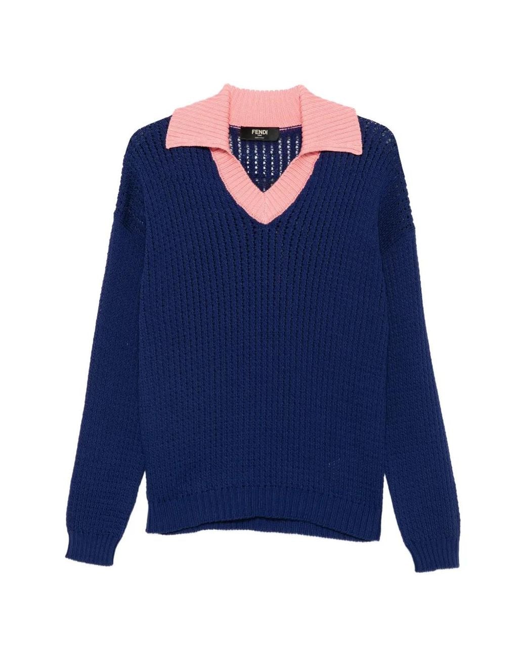 Fendi Blue Pull En Maille Ajourée Et Patch Logo for men