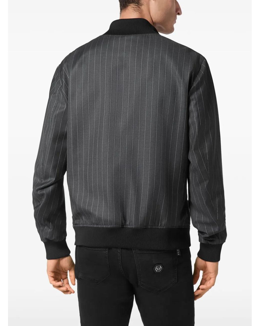 Philipp Plein Black Wool Pinstripe Bomber Ls Jacket for men