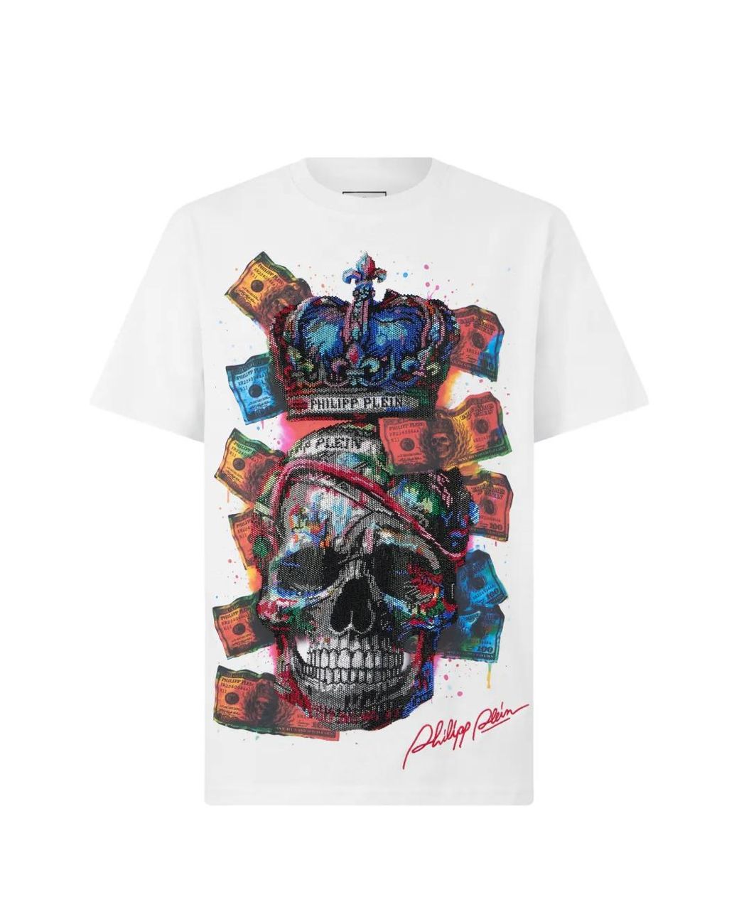Philipp Plein White Round Neck T-Shirt Dollar Skull for men