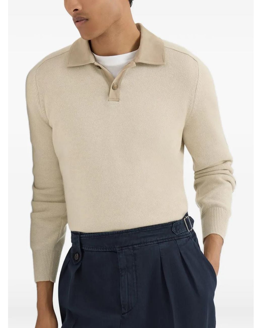 Brunello Cucinelli White Cashmere Knit Polo With Suede Collar for men