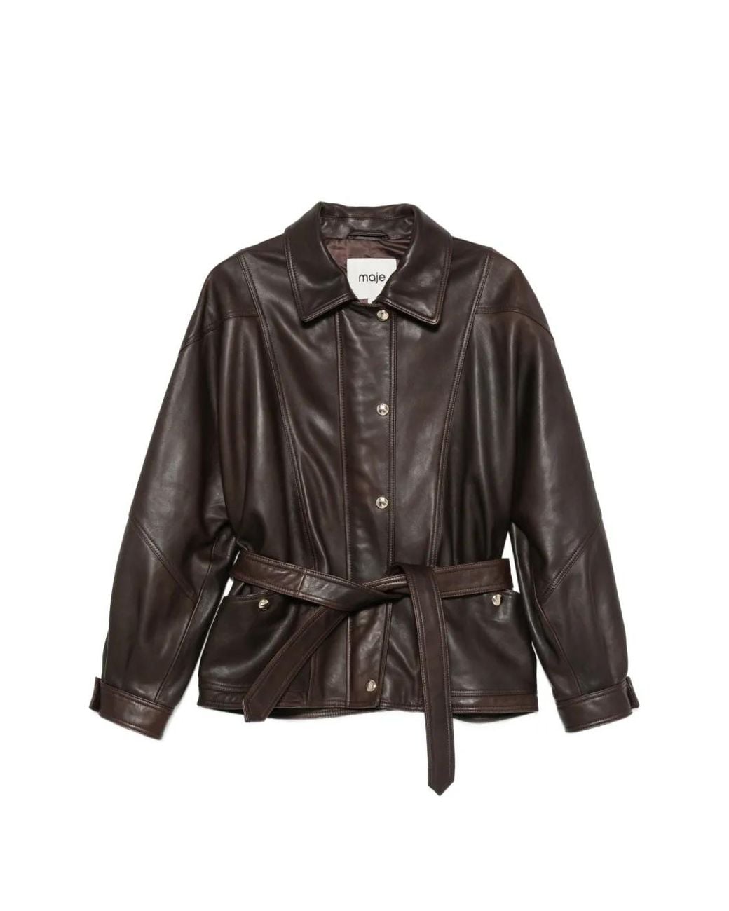 Maje Brown Belted Leather Jacket