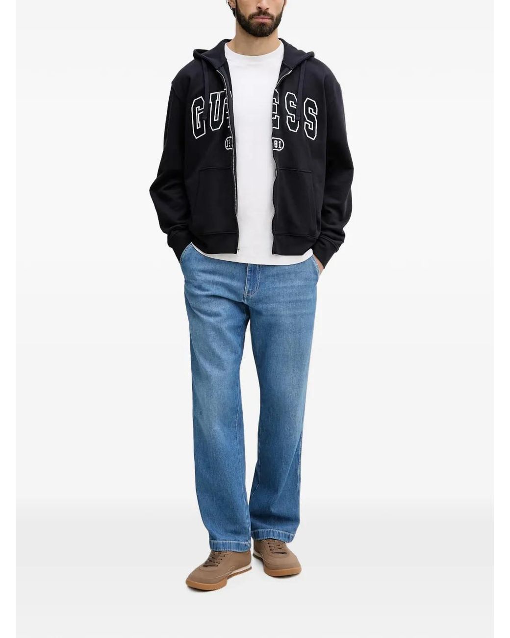 Guess Blue Logo-Embroidered Zip-Up Hoodie for men