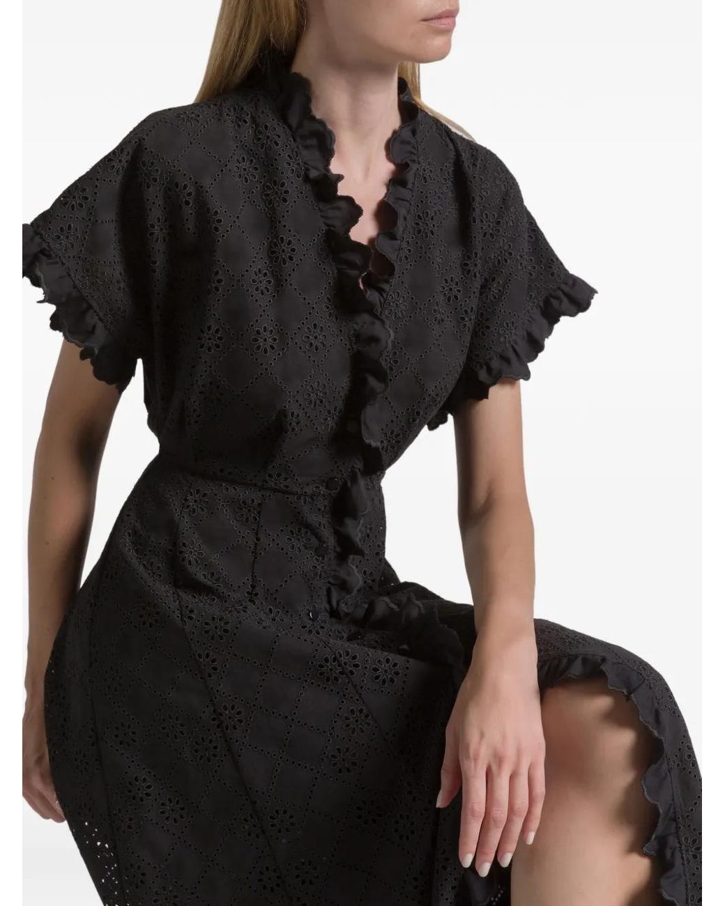Alberta Ferretti Black Ruffled Eyelet Dress
