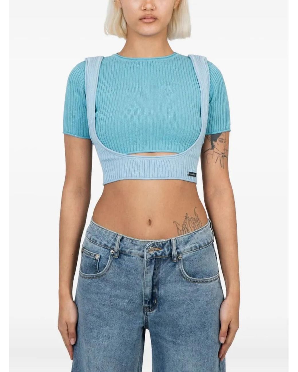House Of Sunny Blue Ribbed-Knit Cut-Out Top