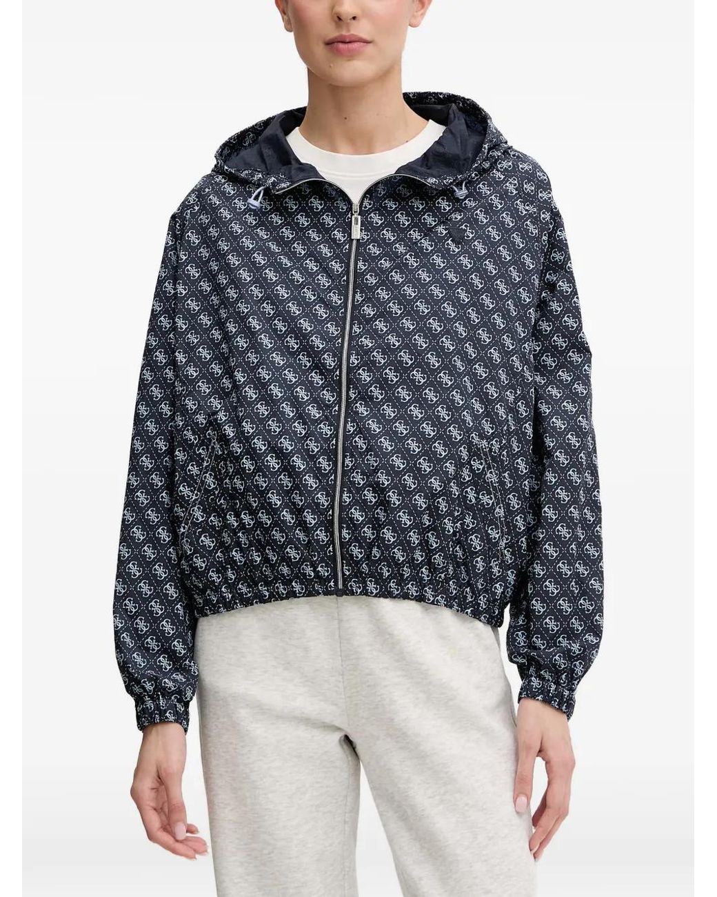 Guess Blue Monogram-Print Hooded Jacket