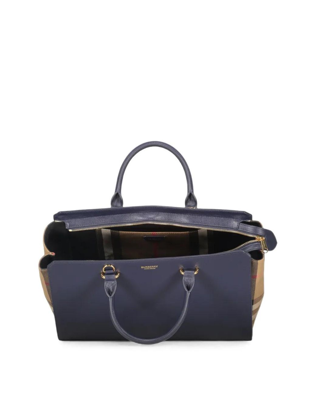 Burberry Blue Check-Panel Leather Tote Bag
