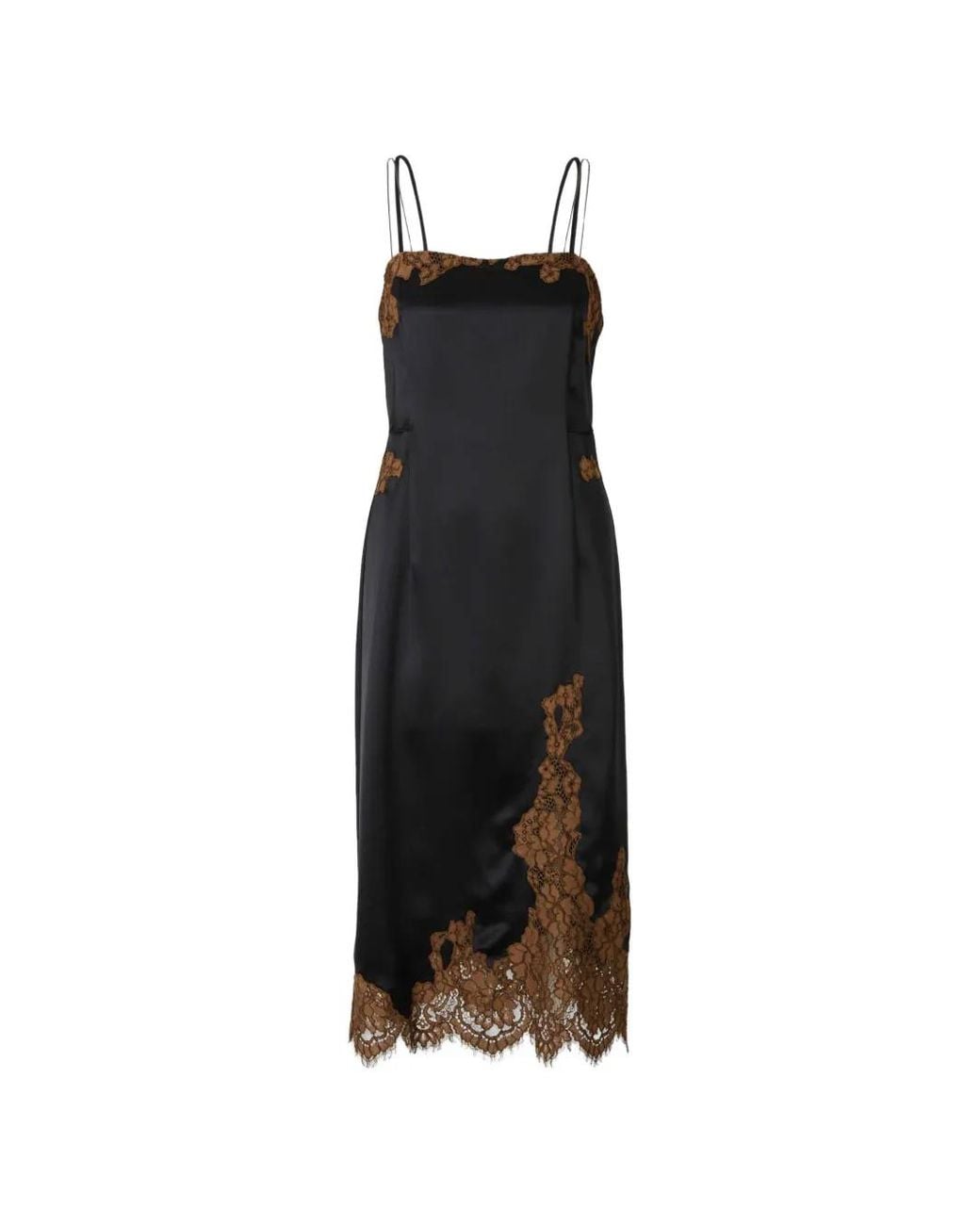 Dorothee Schumacher Black Shiny Statement Lace-Trim Spaghetti-Strap Midi Dress