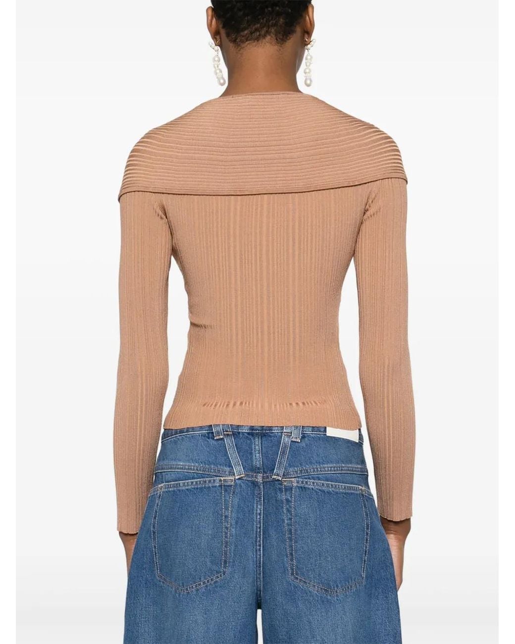 Self-Portrait Natural Ribbed Knit Wrap Top