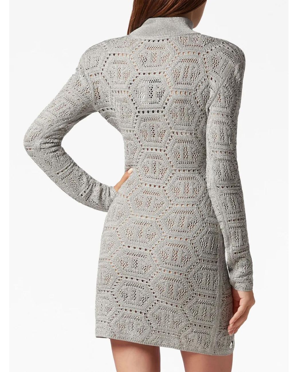 Philipp Plein Gray Monogram-Pattern Crochet-Knit Minidress