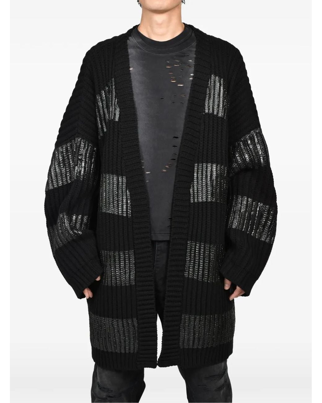 FILTH Black Waxed-Stripe Ribbed-Knit Cardigan for men