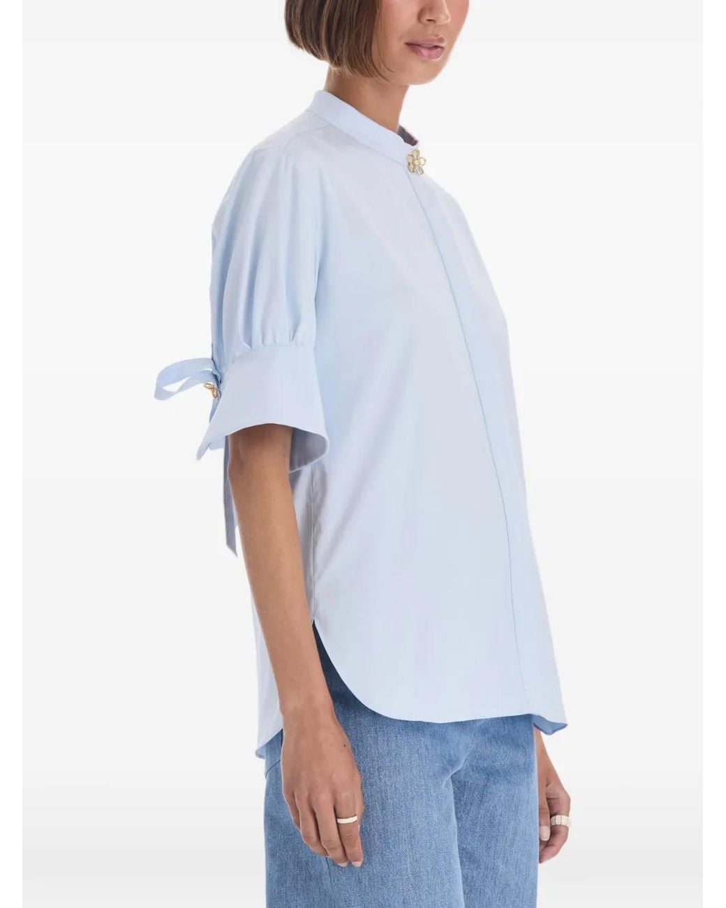 Oscar de la Renta Blue Bow-Detail Poplin Blouse