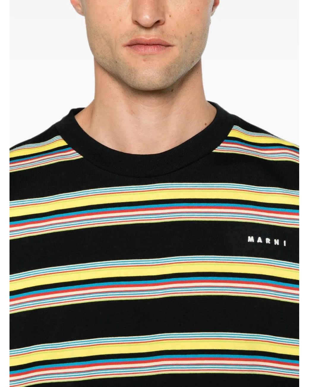 Marni Black Striped Cotton T-Shirt With Logo Print for men