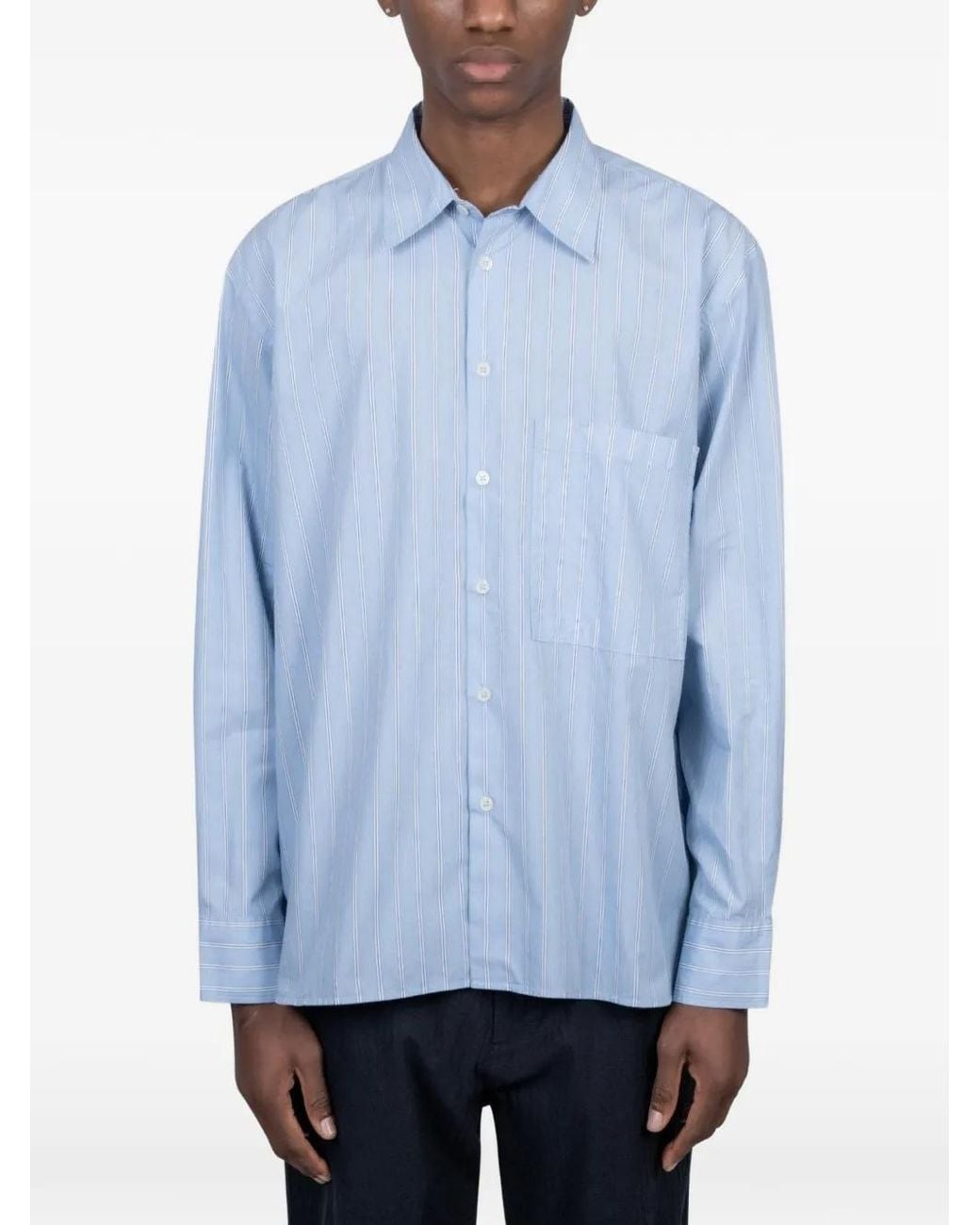 Universal Works Blue Square-Pocket Striped Shirt for men