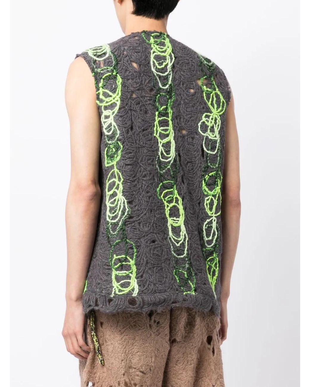 VITELLI Green Open-Knit Distressed Zipped Waistcoat for men