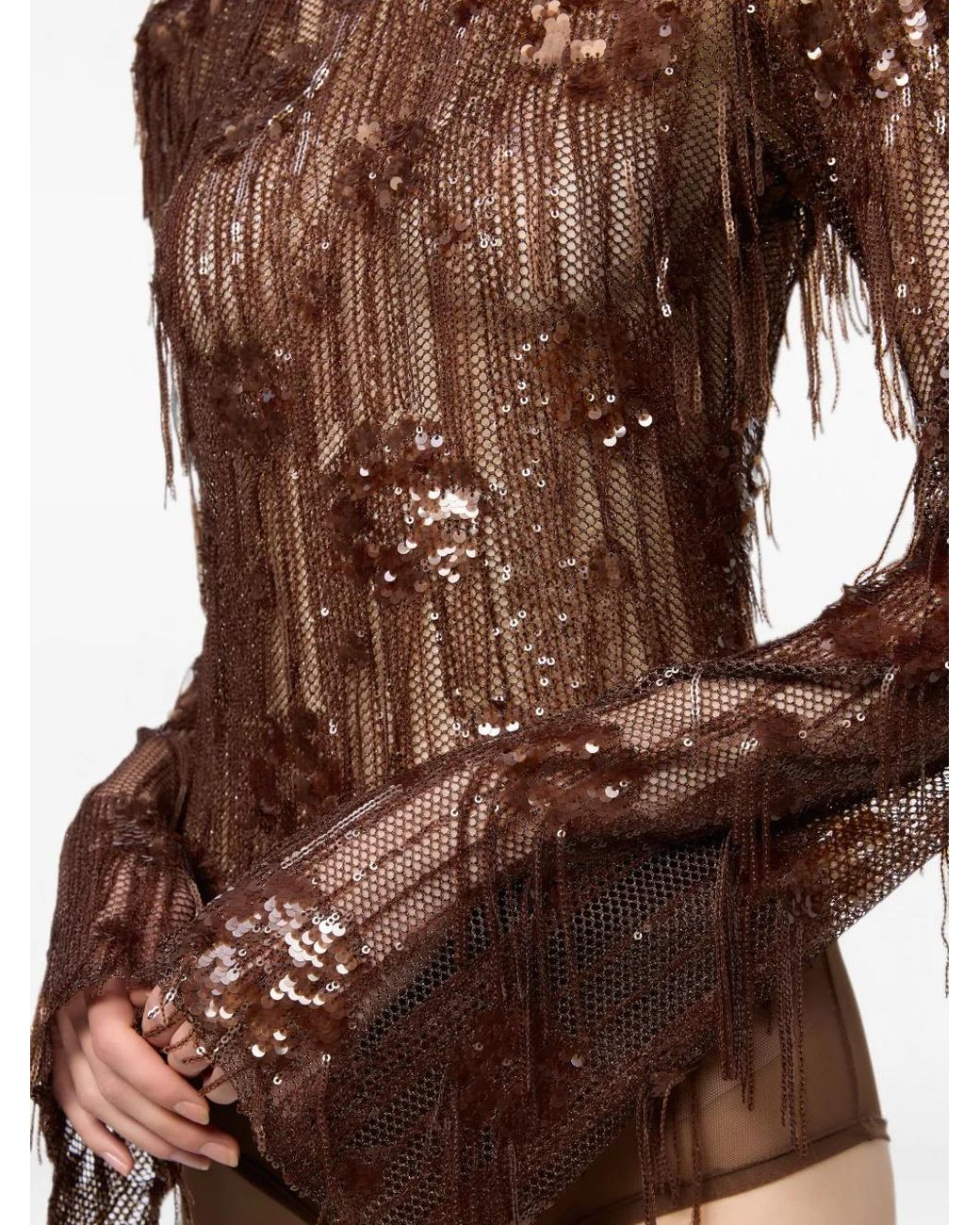 Atu Body Couture Brown Sequin-Embellished Fringed Bodysuit