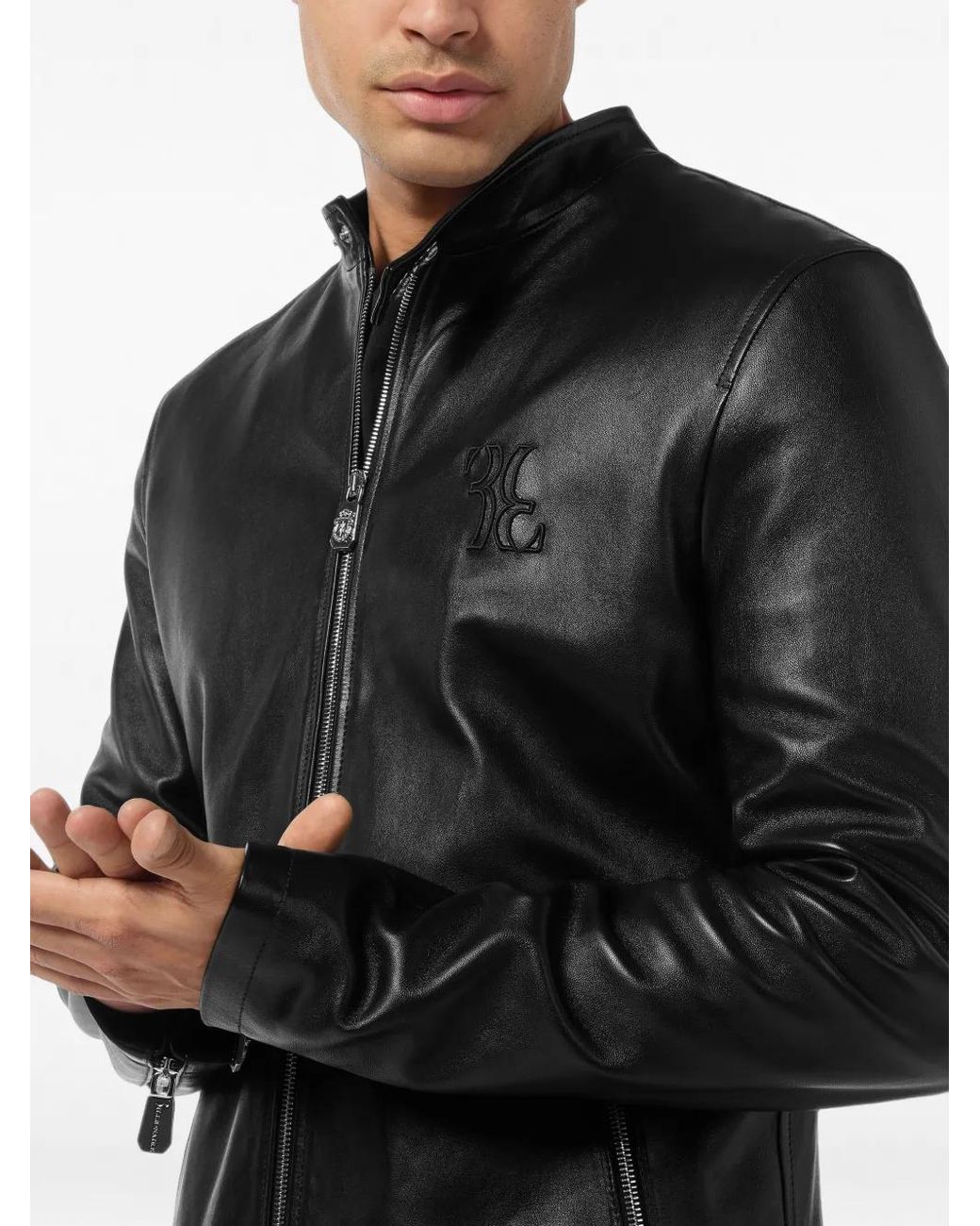 Billionaire Black Embroidered Zip-Fastening Leather Jacket for men