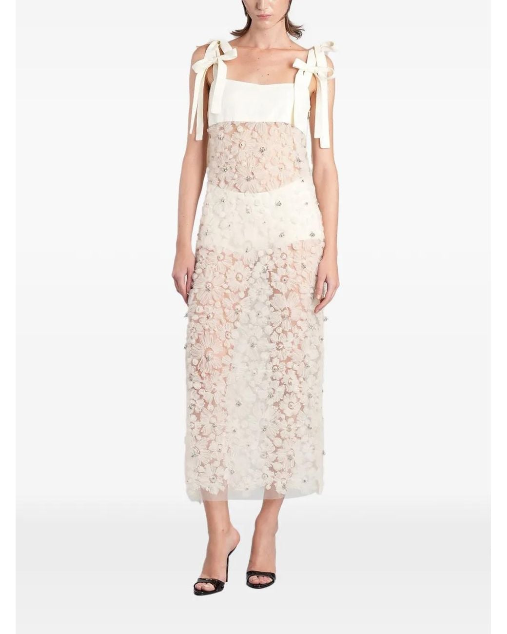 Siedres Natural Tallula Floral-Appliqué Bow-Detail Dress