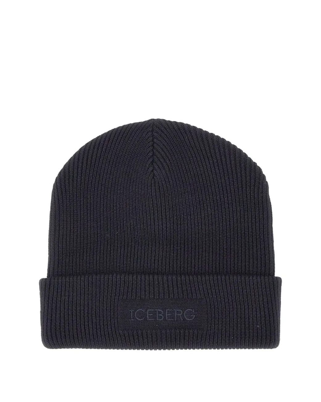 Iceberg Blue Ribbed-Knit Embroidered Beanie Hat for men